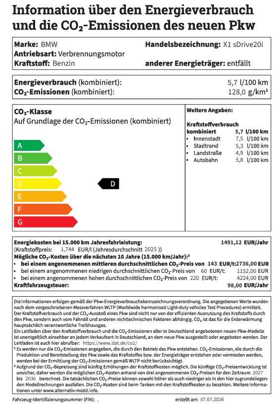 Ein Energieverbrauchs- und CO2-Emissions-Label für einen BMW X1 sDrive20i mit Benzinantrieb. Es zeigt einen kombinierten Verbrauch von 5,7 l/100 km, CO2-Emissionen von 128,0 g/km und die Effizienzklasse D.