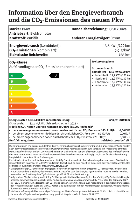 Auf dem Bild siehst du den Energieverbrauch und die CO₂-Emissionen eines BMW i3 50 xDrive. 